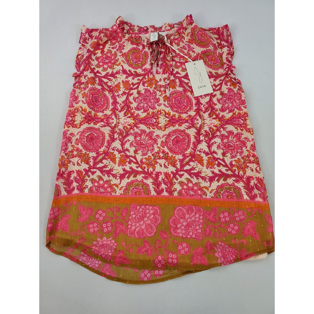 JOIE Women Red Floral Metallic Sleeveless Blouse Tunic Top 1257756 Sz S